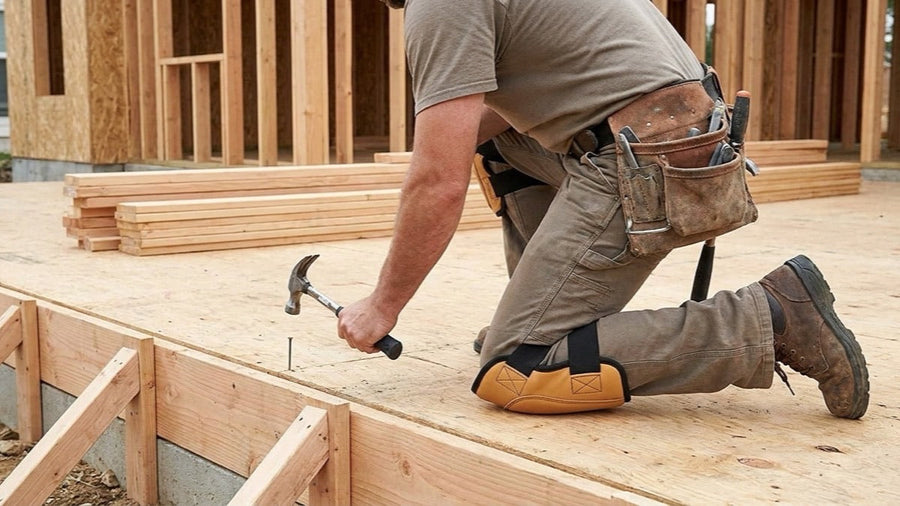 Illustrative construction work scene with knee pads at a framing site