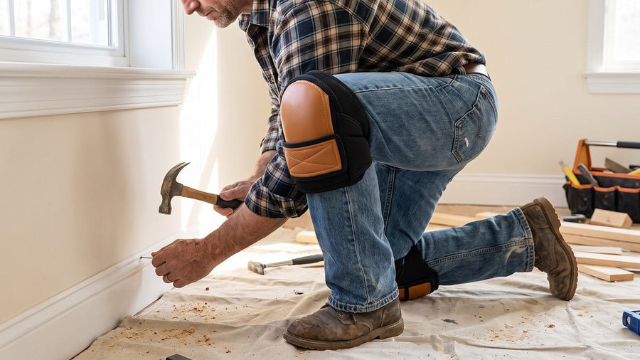 Carpenter kneeling on a drop cloth nailing baseboard trim, wearing tan leather knee pads with wide black straps