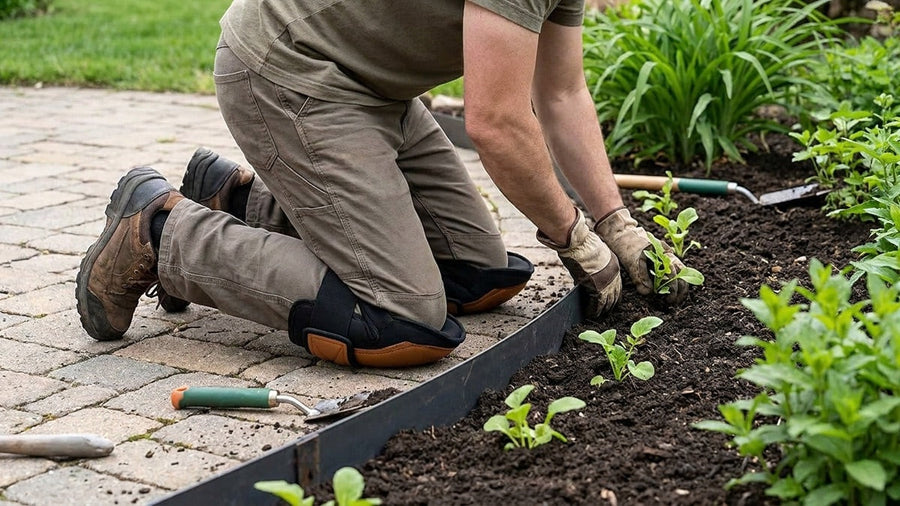 Illustrative gardener kneeling at a garden bed edge planting while wearing soft leather knee pads with wide black straps
