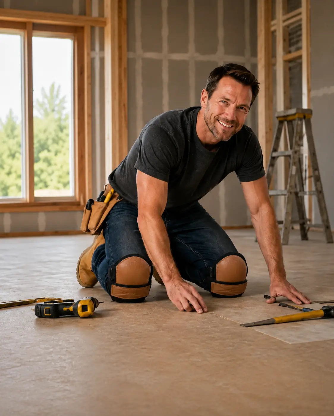 Beige HM-1001 knee pads shown with the HMYL EASY product box