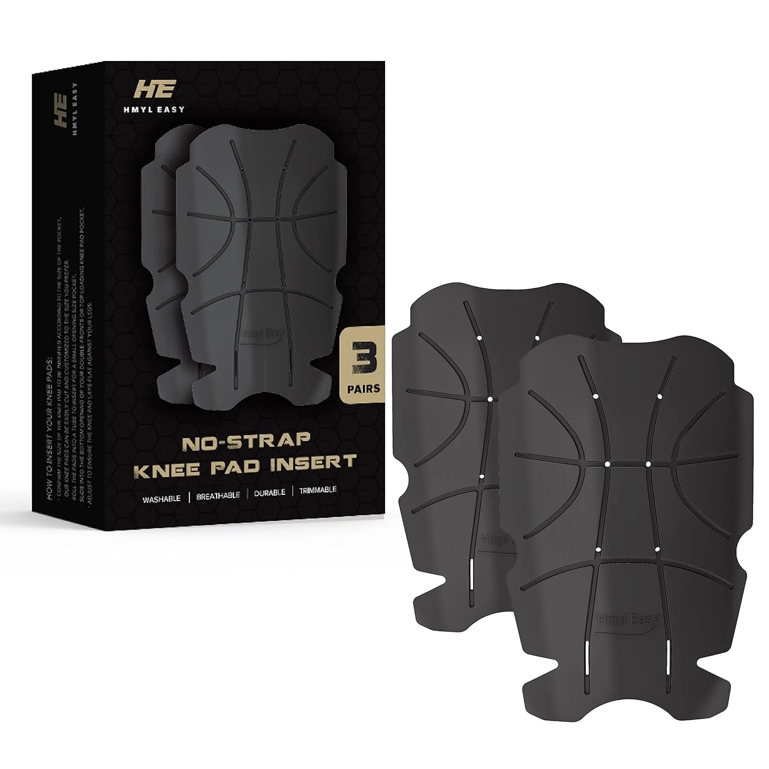 HE-1003-K3 Hmyl Easy Knee Pad Insert for Work Pants/Bibs, Uniforms, and Tactical Pants, Breathable Knee Pad Inserts for Construction, Flooring, Gardening,and Garage, 11.5''×7.9''×0.45'', BLACK, 3 Pairs image 1