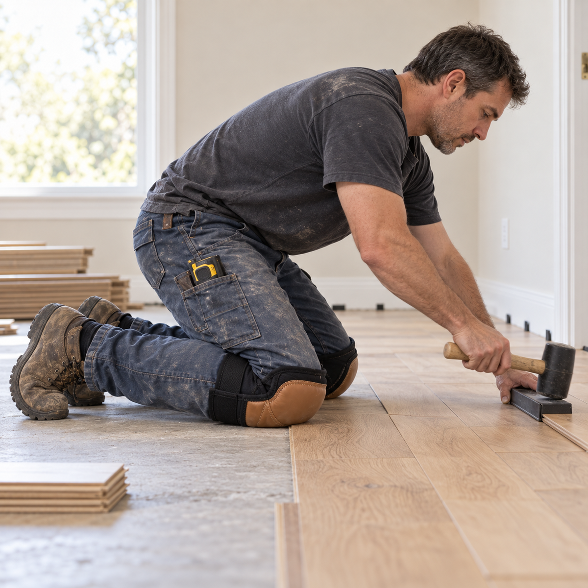 Flooring installer wearing tan knee pads while fitting oak floorboards.