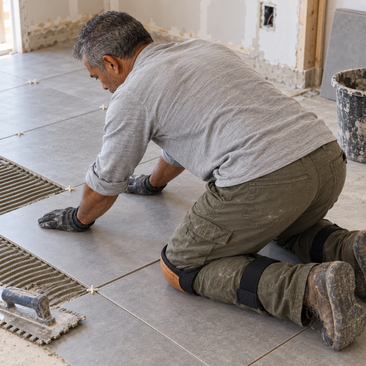 Tile setter wearing knee pads while laying large gray floor tiles.