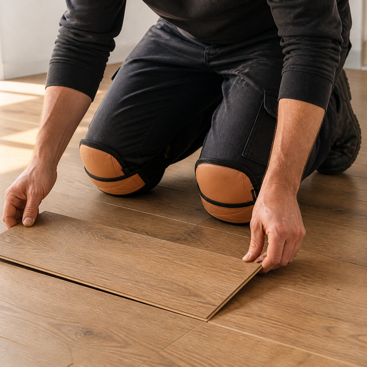 Flooring installer kneeling with soft PU synthetic leather strap-on knee pads
