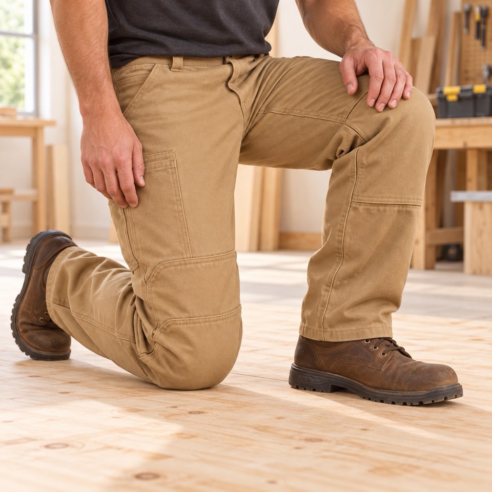 AI-generated illustration: bending and kneeling to check pocket fit.