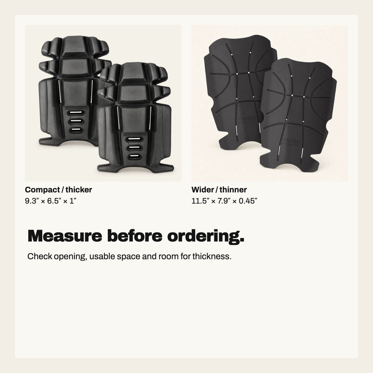 Comparison of the compact thicker and wider thinner black insert options with dimensions