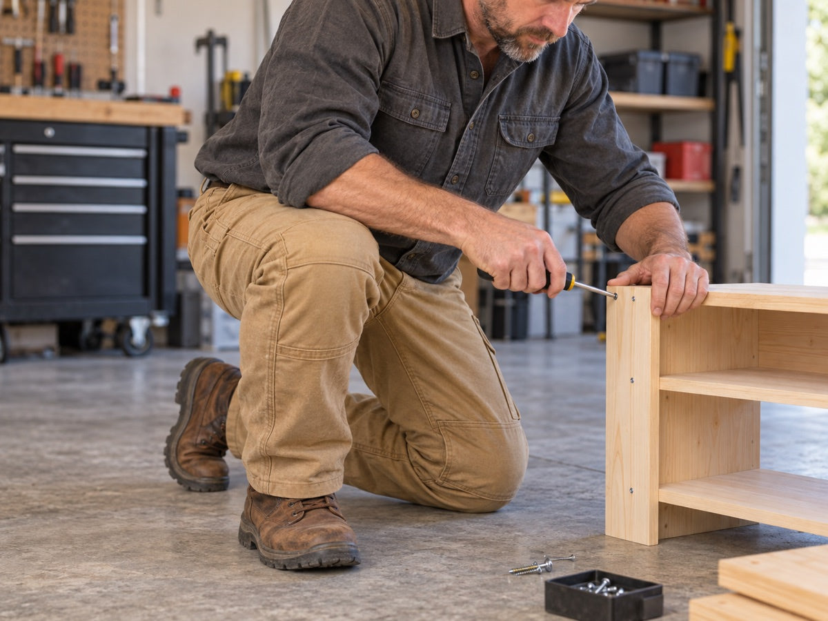 AI use illustration of garage projects in work pants with integrated knee pockets