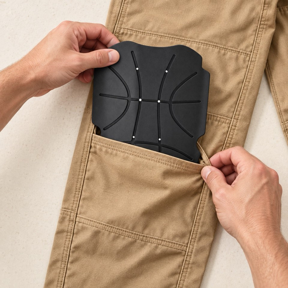 AI-generated illustration: sliding a large black insert into a knee pocket.