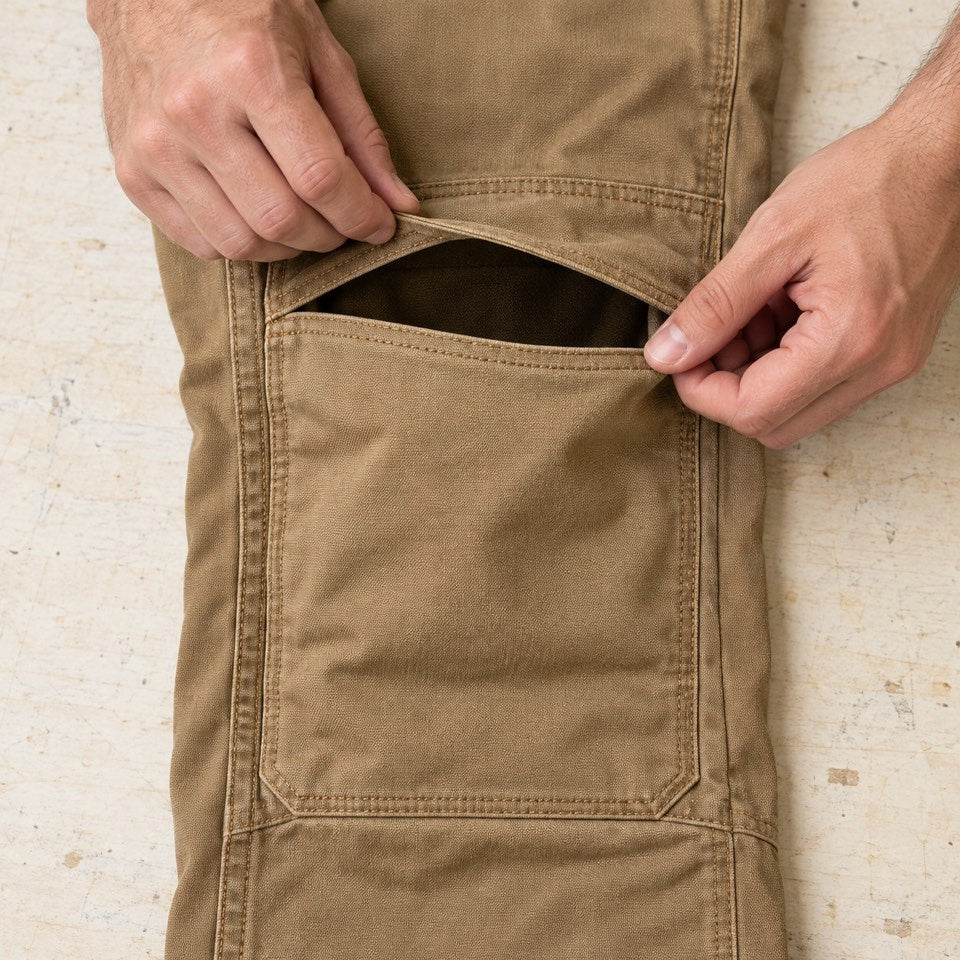 AI-generated illustration: opening a built-in knee pocket in tan work pants.