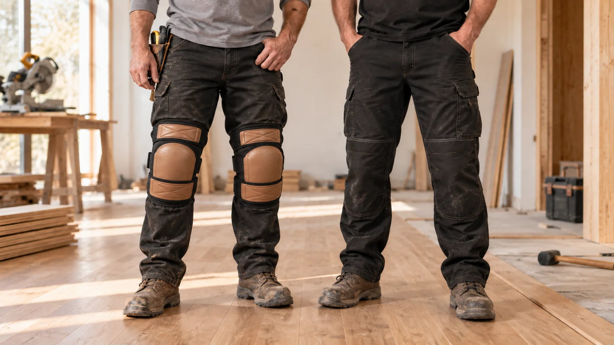 Flooring installer kneeling on finished floor wearing soft PU synthetic leather work knee pads