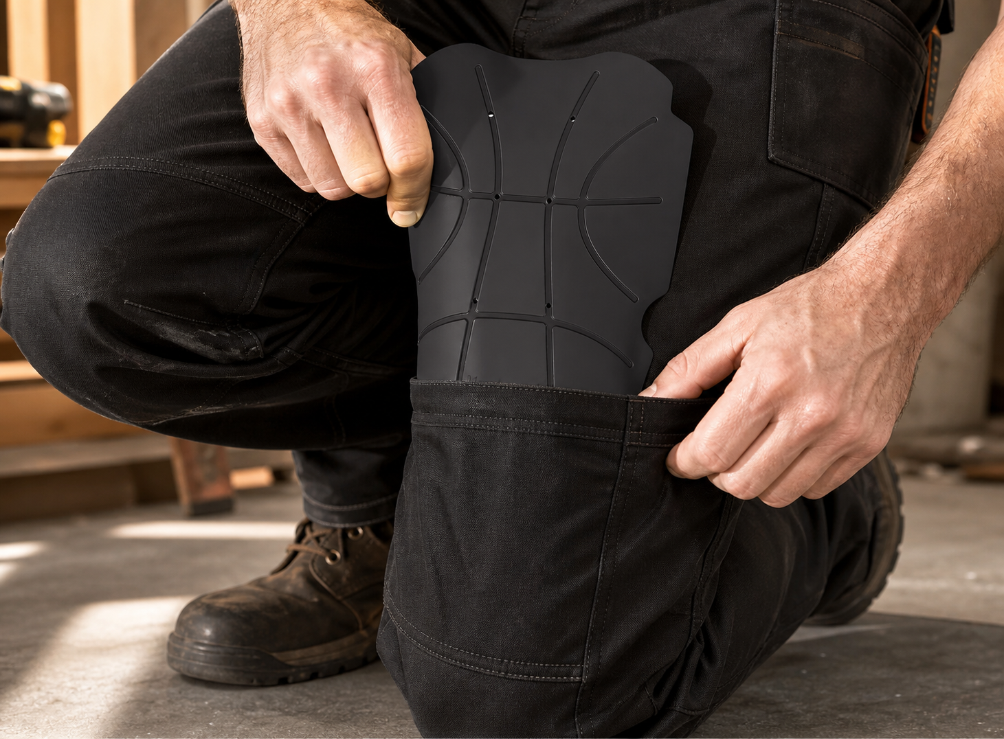 Black HMYL pocket knee pad sliding into work pants