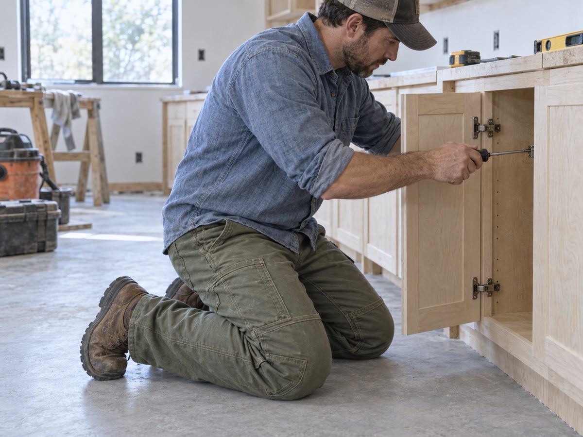 Illustrative cabinet installer kneeling in work pants with knee pockets