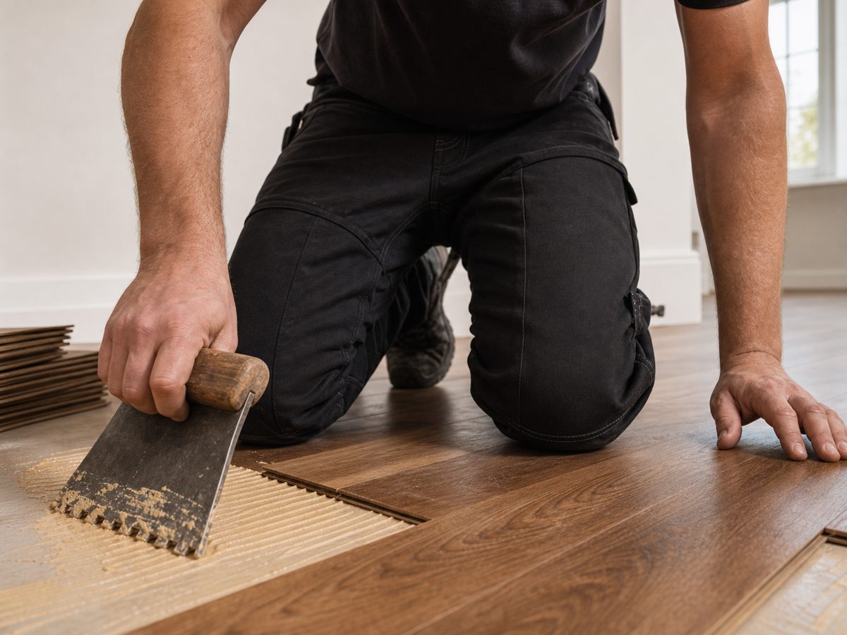 Illustrative kneeling scene with inserts inside work-pant knee pockets